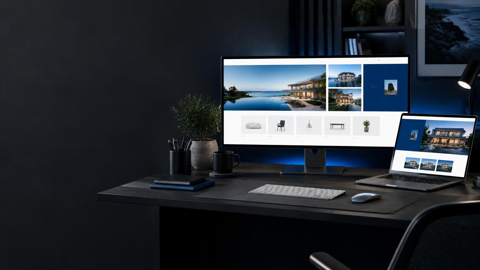 Digital studio with website designs on desktop and laptop screens